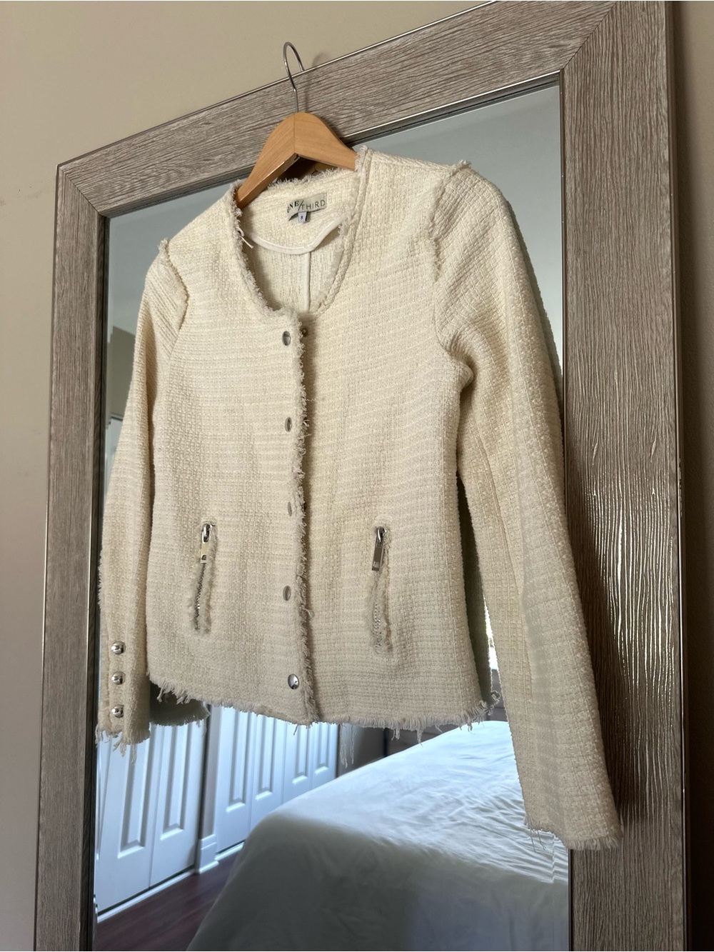 One/Third Ivory Cream Tweed Blazer Jacket Silver Details Size Small